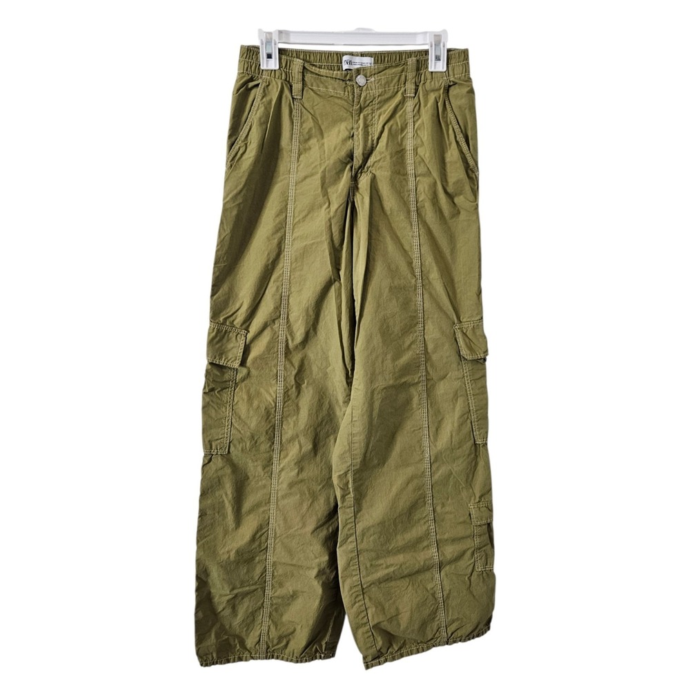 Zara Cargo Pants Wide Leg Baggy Pockets Elastic Waste Military Green Women's M